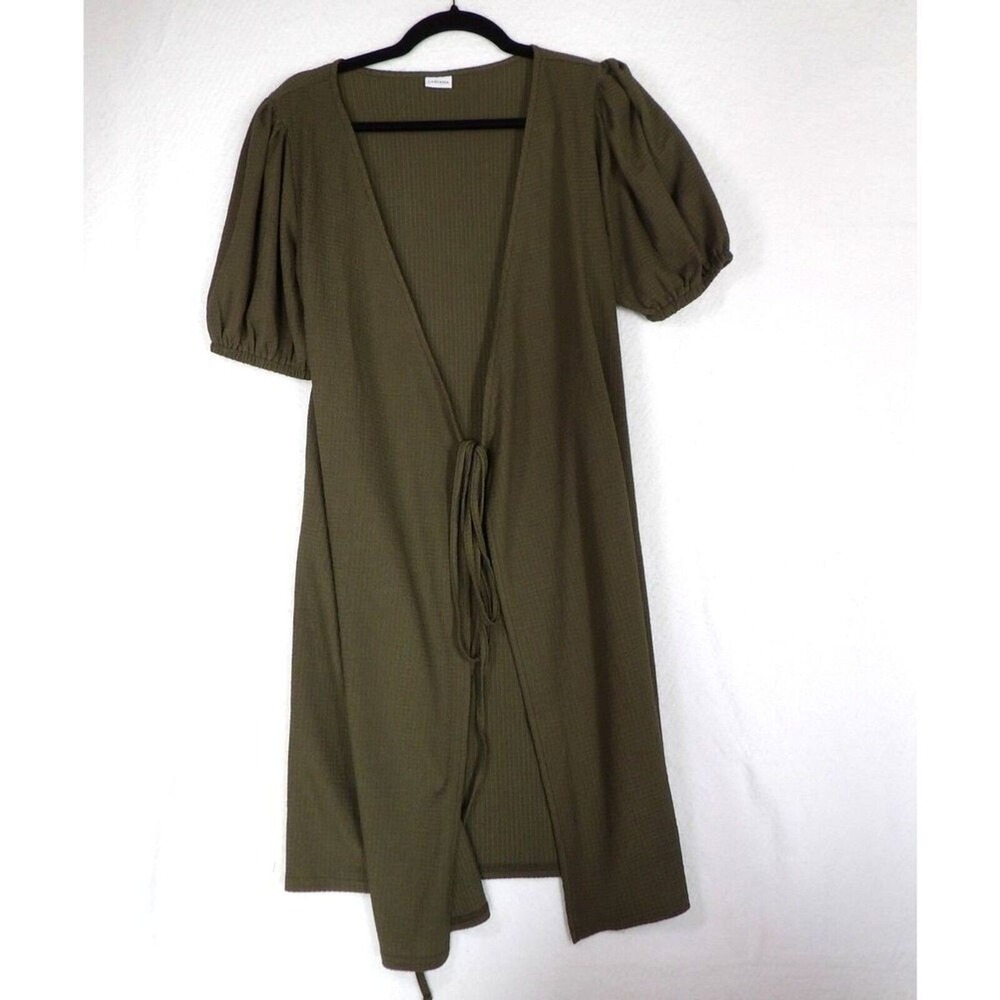 LASCANA Cardigan Cover Up Women XL Olive Green Tie-Front Puff Sleeve Ribbed